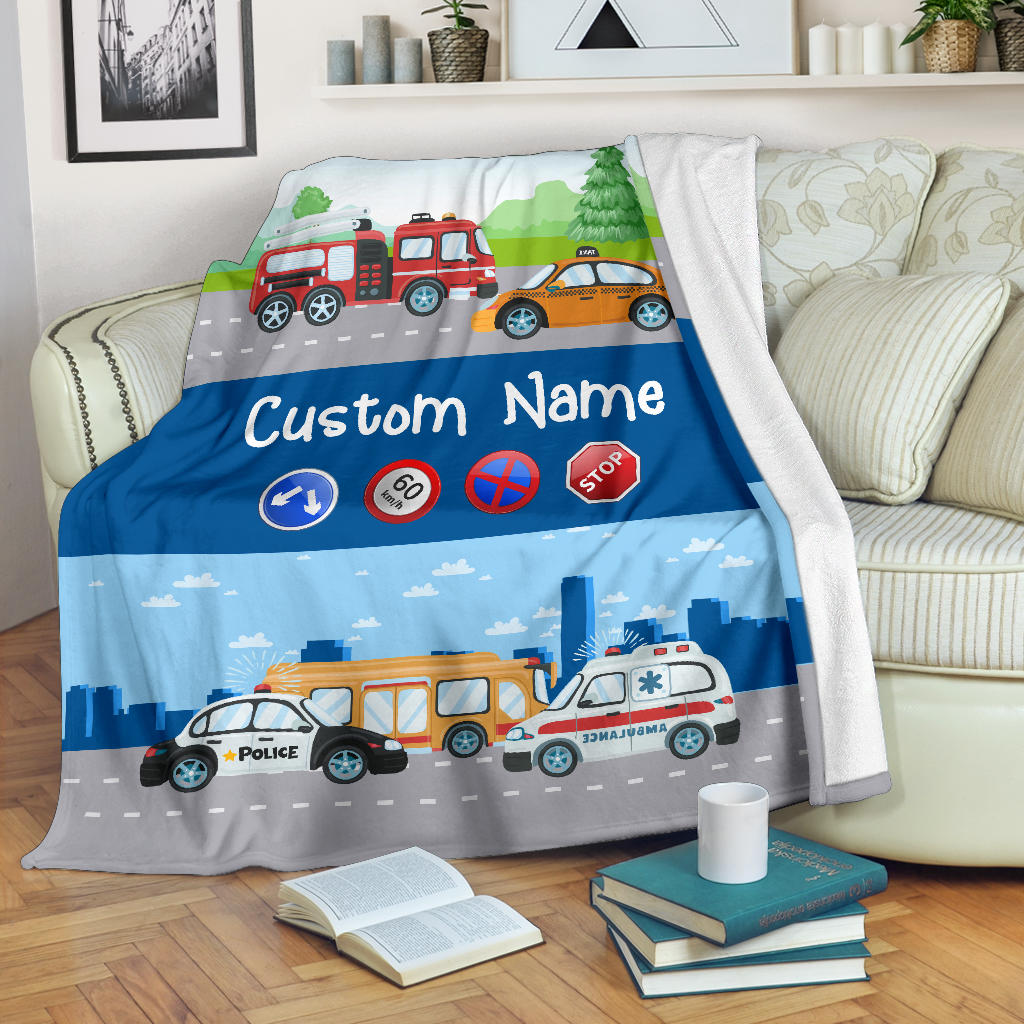 Personalized Name Police, Ambulance, Firefighter, Taxi, Bus Blanket for Kids, Custom Blanket for Boys & Girls
