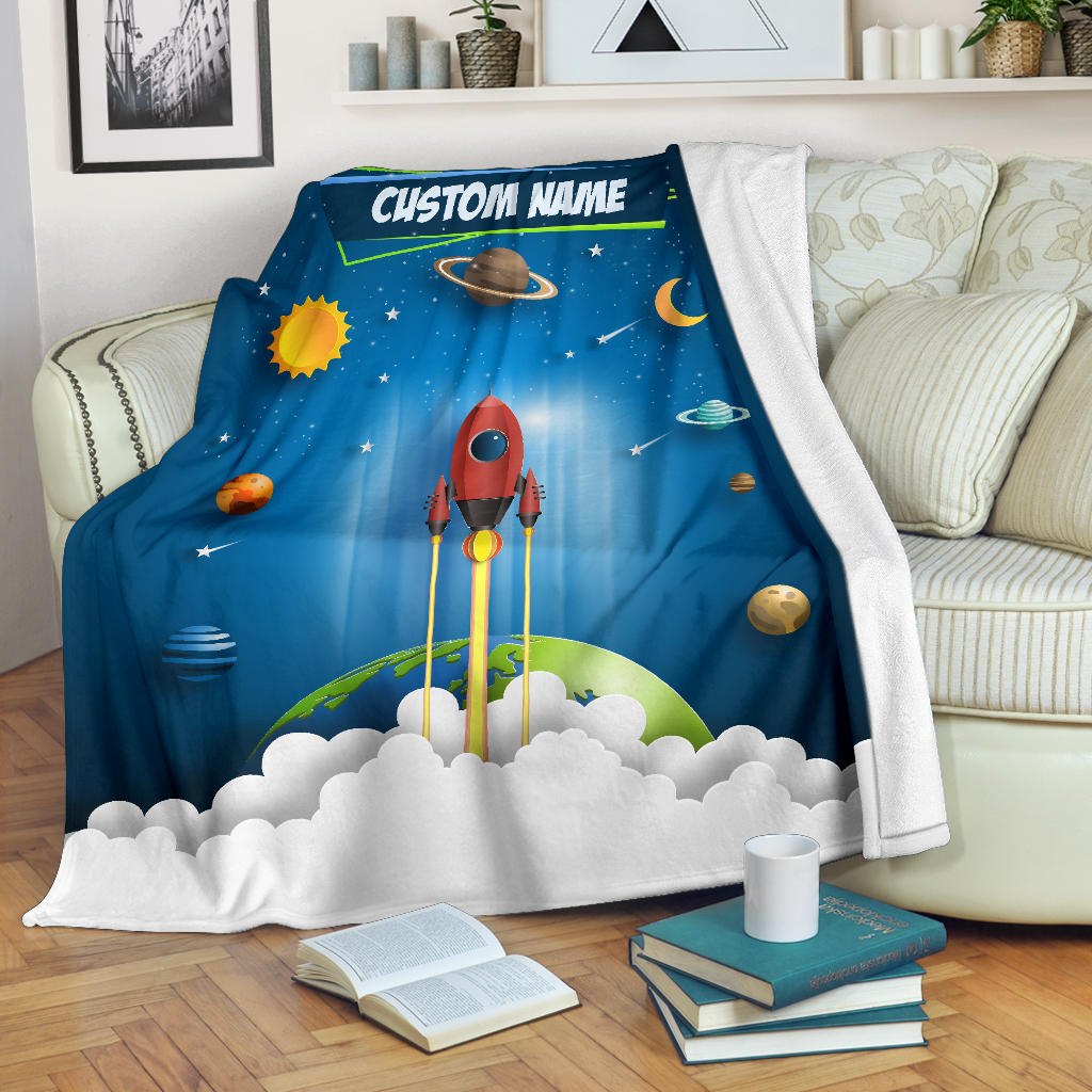 Personalized Name Space Rocket Launch Blanket for Kids, Space Blanket for Boys and Girls