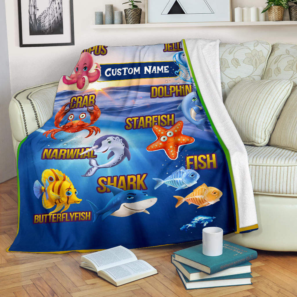 Personalized Name Sea Animals Blanket for Kids, Educational, Learning Custom Name Blanket for Boys & Girls