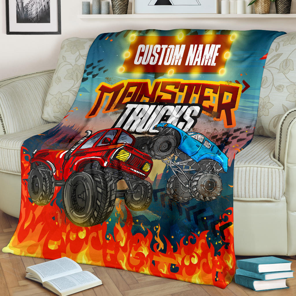 Personalized Name Monster Truck Blanket for Boys & Girls, Childrens Blanket