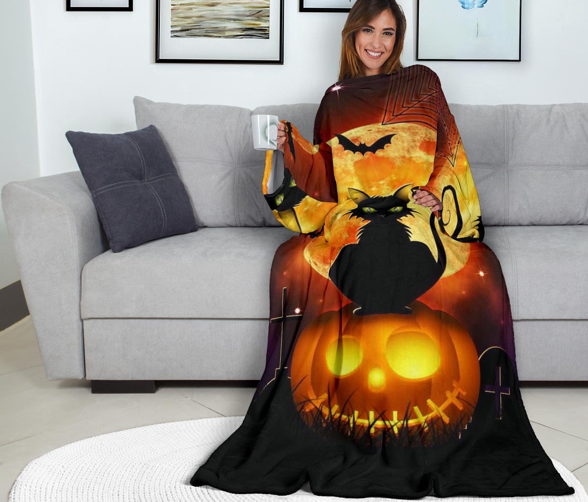 Black Cat & Pumpkin Halloween Sleeve Blanket