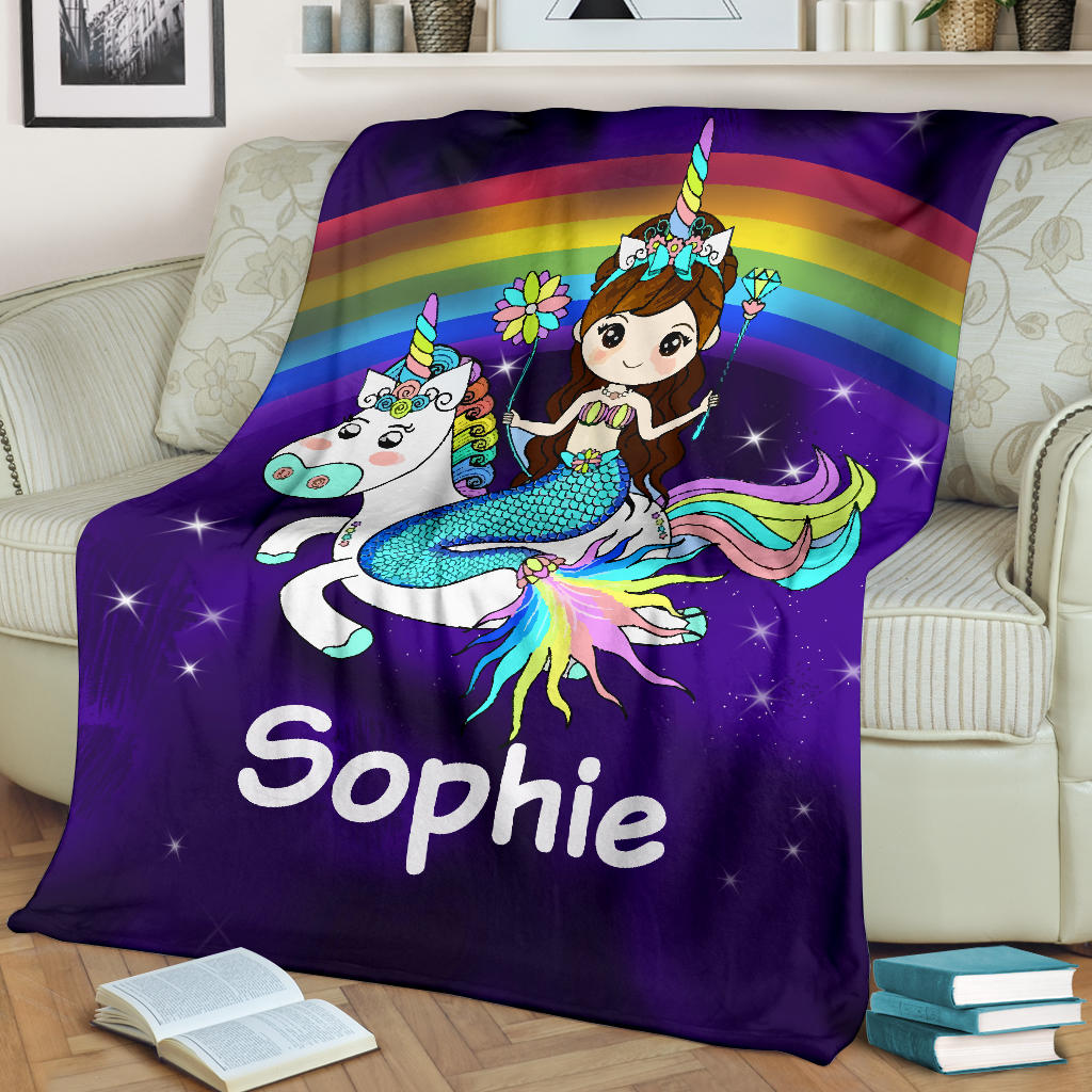 Personalized Name Mermaid & Unicorn Rainbow Blanket for Girls & Boys, Custom Name Blanket for Kids