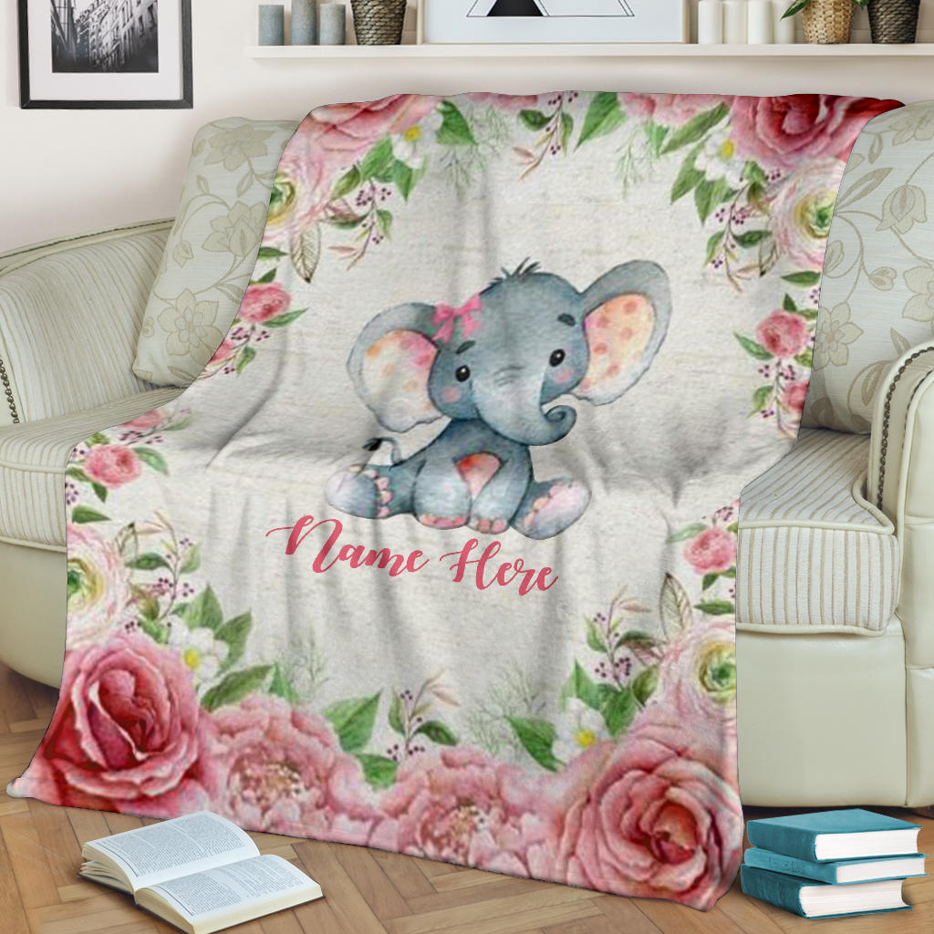 Personalized Name Cute Elephant Blanket for Girls & Babies