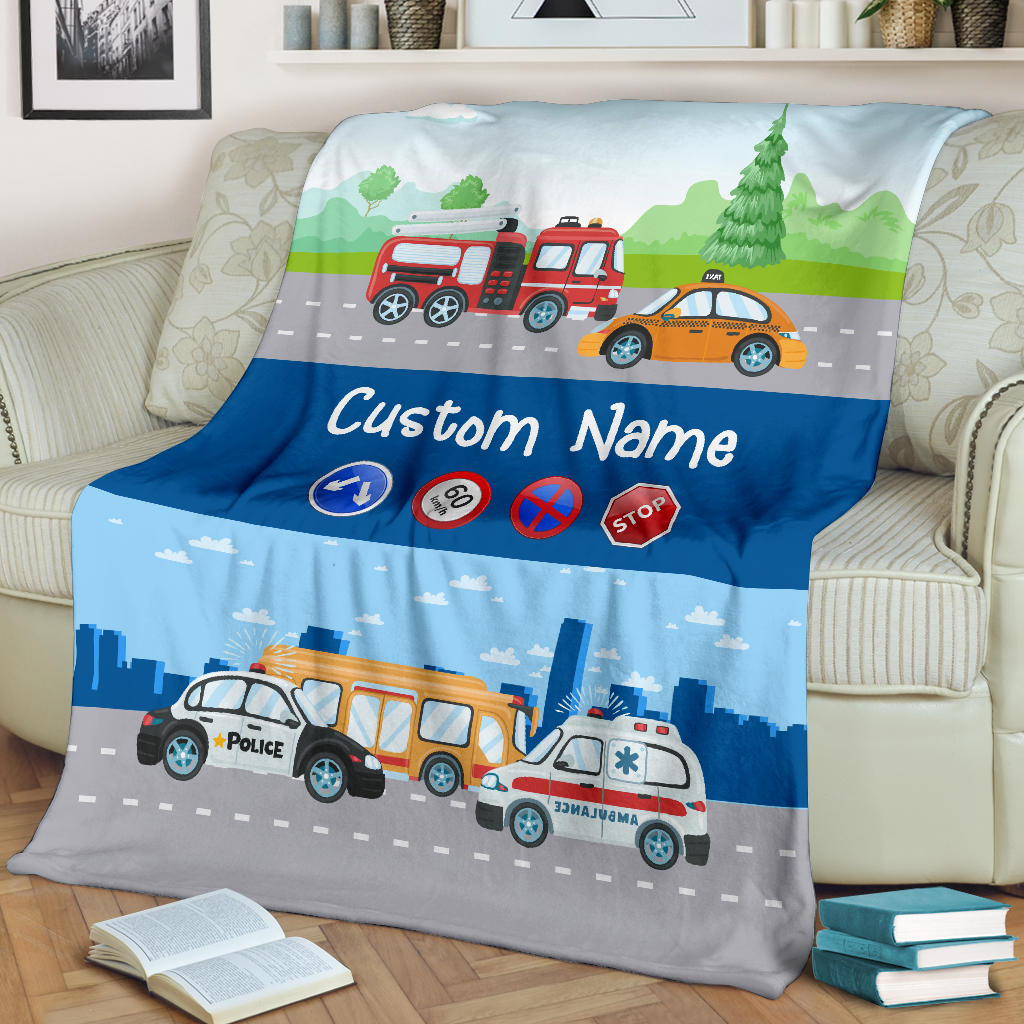 Personalized Name Police, Ambulance, Firefighter, Taxi, Bus Blanket for Kids, Custom Blanket for Boys & Girls