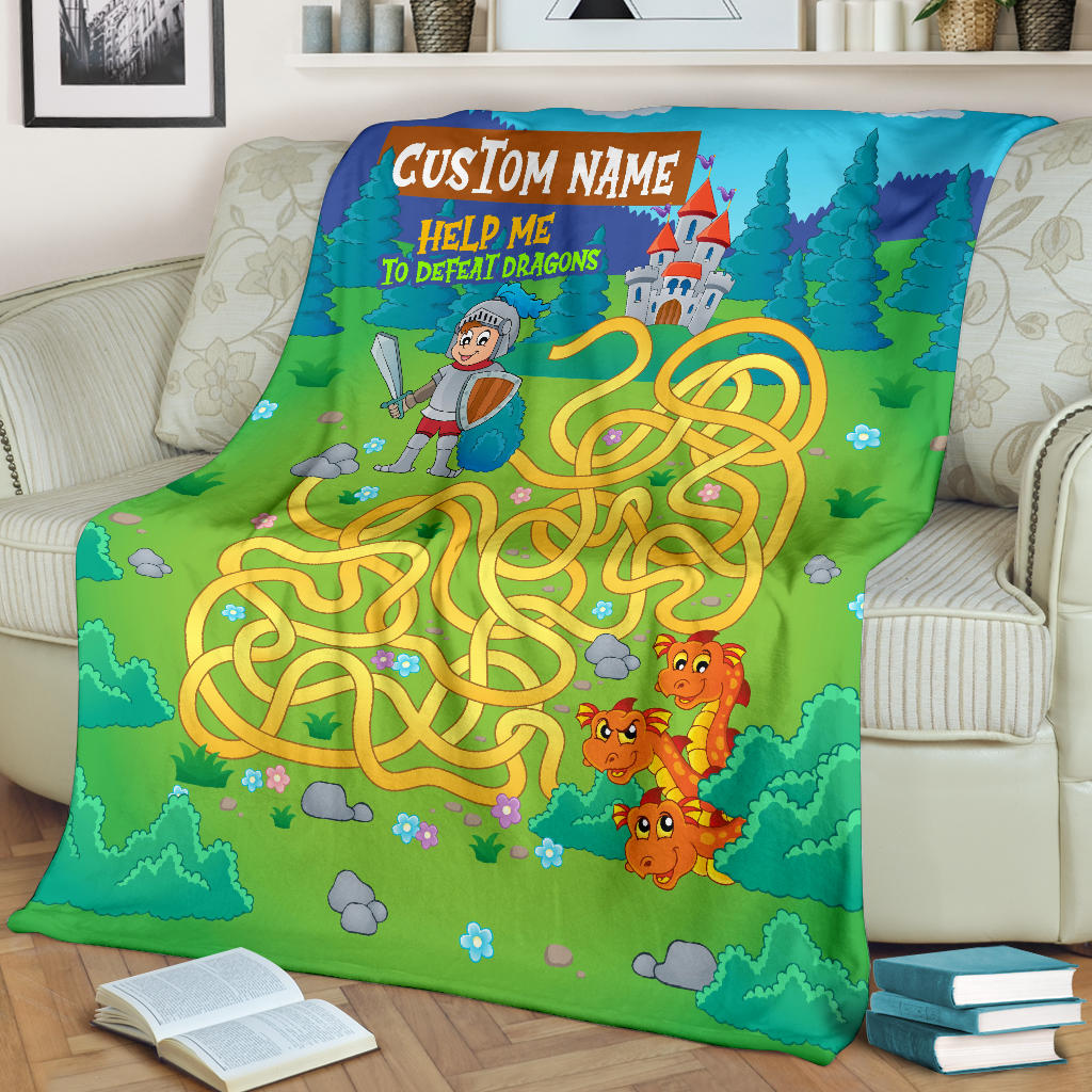 Personalized Name, Educational, Learning Help a Knight To Defeat Dragons Blanket for Kids, Maze Blanket for Boys & Girls