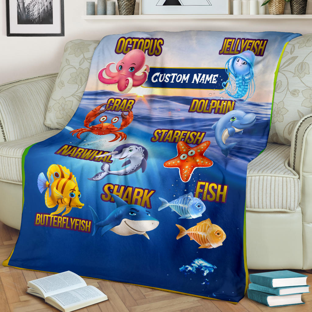 Personalized Name Sea Animals Blanket for Kids, Educational, Learning Custom Name Blanket for Boys & Girls