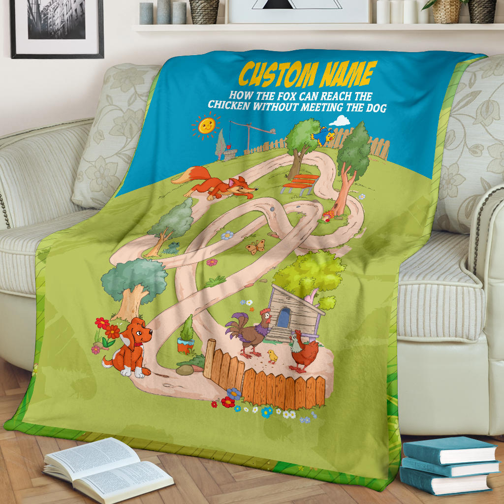 Personalized Name, Educational, Learning, How the Fox Can Reach the Chicken Without Meeting the Dog Blanket for Kids