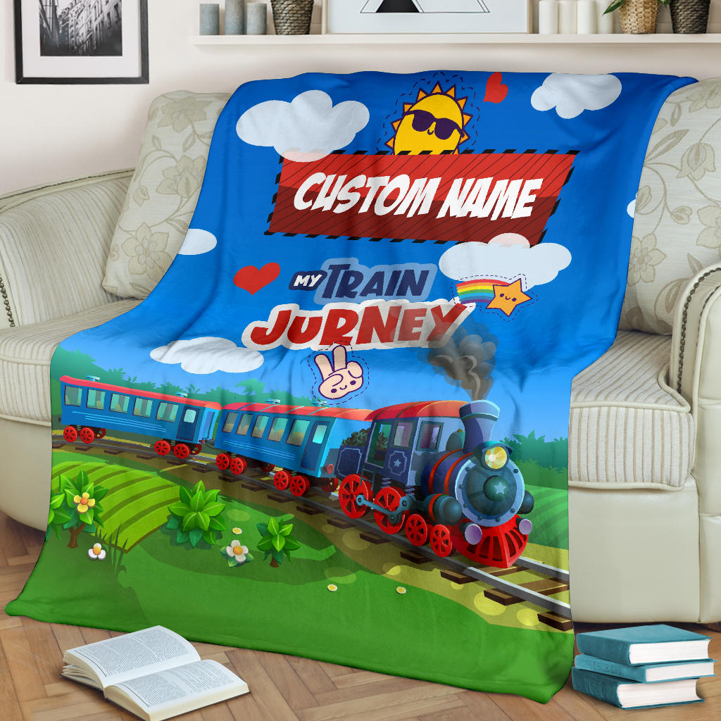Personalized Name Train in Mountains Blanket for Kids