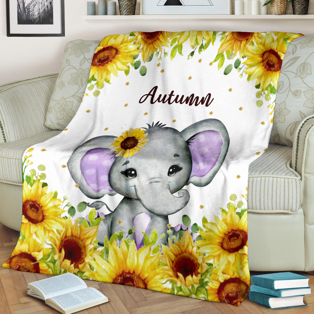 Personalized Name Cute Elephant with Sunflowers Blanket for Girls