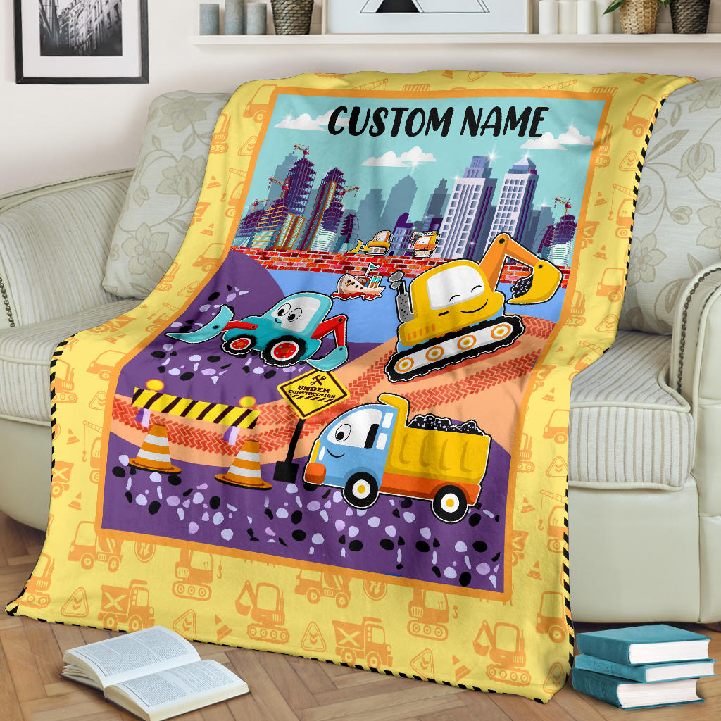 Personalized Name Under Construction Site Blanket for Kids, Custom Name Blanket for Boy & Girls