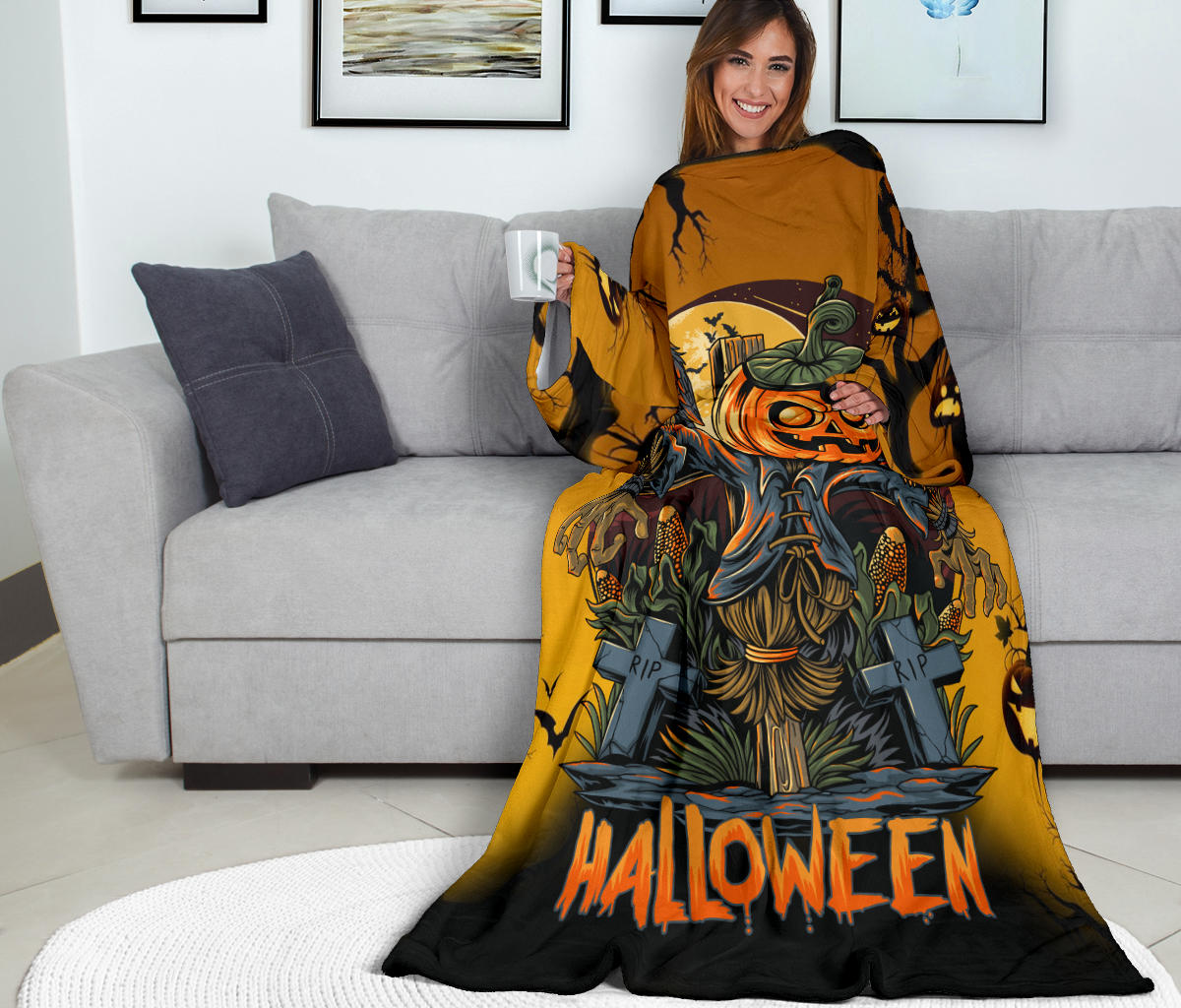 Scary Pumpkin Halloween Sleeve Blanket