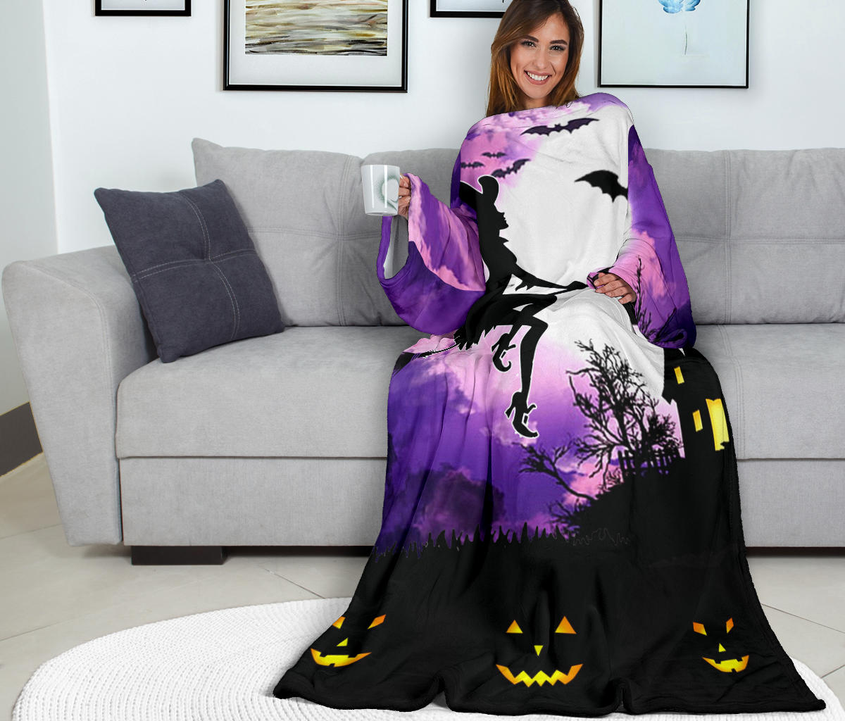 Witch on a Broom Halloween Sleeve Blanket