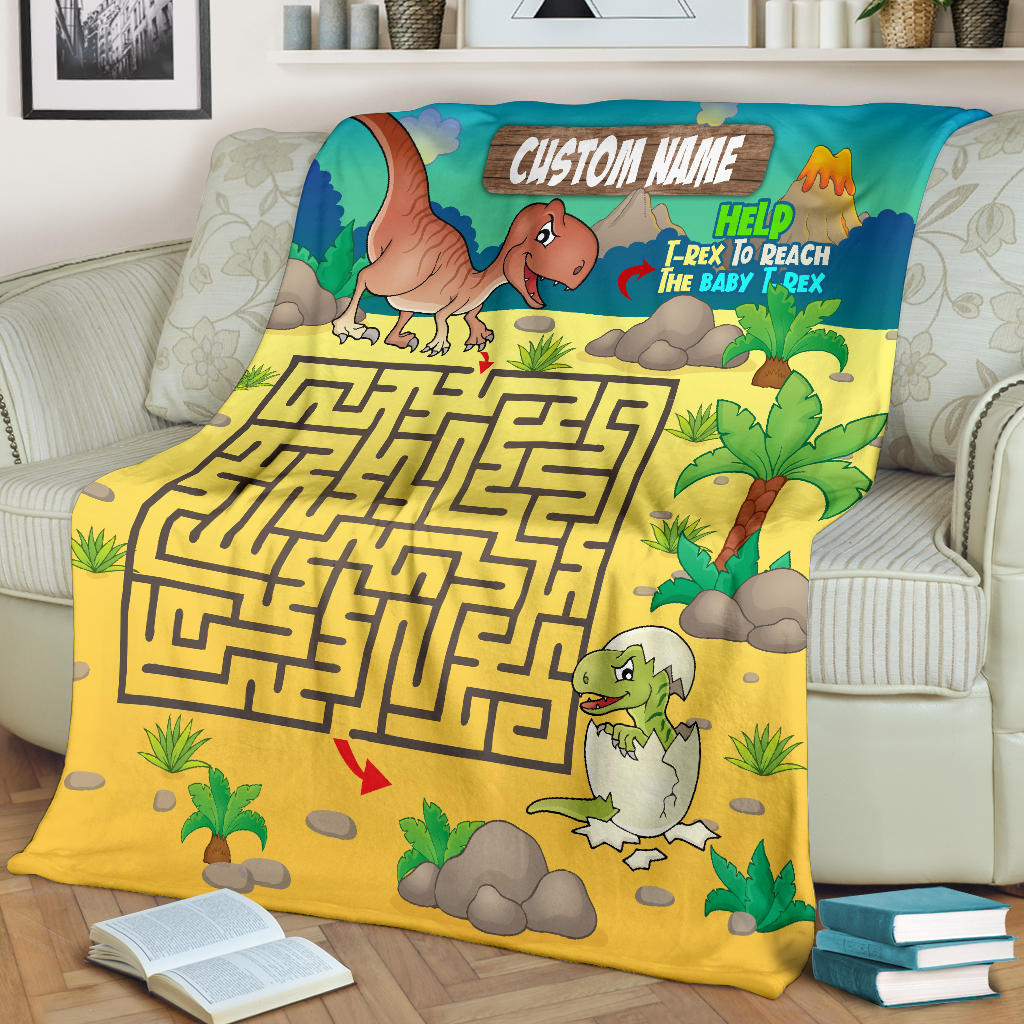 Personalized Name Educational Help T-Rex Maze Blanket for Boys & Girls, Custom Name Dinosaur Blanket for Kids