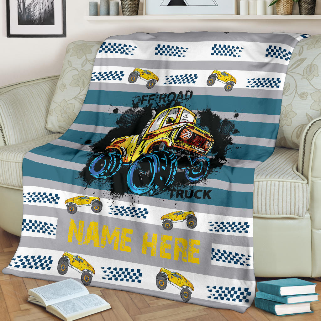 Personalized Name Monster Truck Blanket with Blue Stripes for Boys, Girls & Adults