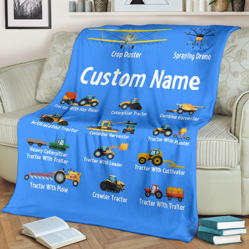 Personalized Name Tractor Blanket for Kids, Custom Name Farming Machinery Blanket for Boys & Girls