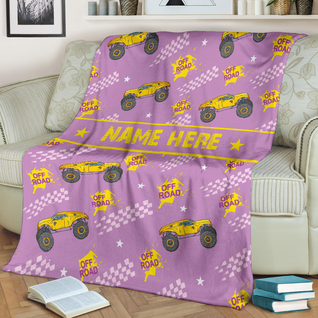 Personalized Name Monster Truck Pink Blanket for Girls, Boys & Adults
