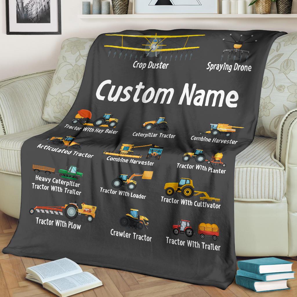 Personalized Name Tractor Blanket for Kids, Custom Name Farming Machinery Blanket for Boys & Girls