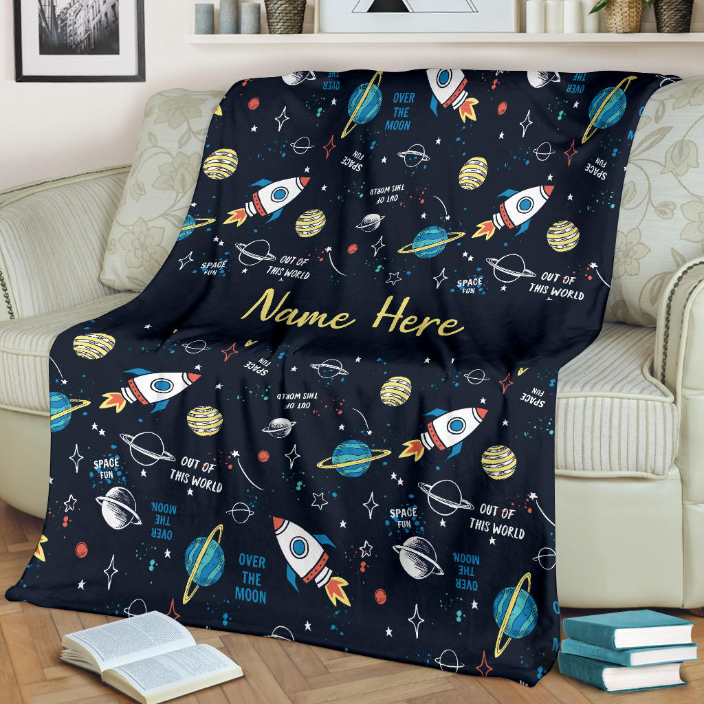 Personalized Name Space Blanket with Rockets & Planets for Boys & Girls