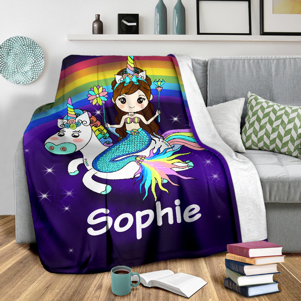 Personalized Name Mermaid & Unicorn Rainbow Blanket for Girls & Boys, Custom Name Blanket for Kids
