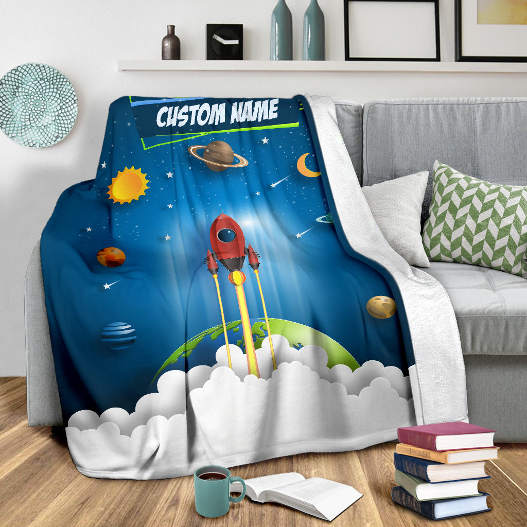 Personalized Name Space Rocket Launch Blanket for Kids, Space Blanket for Boys and Girls