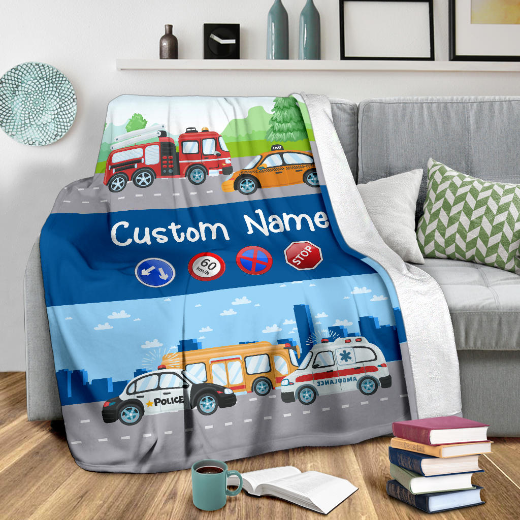 Personalized Name Police, Ambulance, Firefighter, Taxi, Bus Blanket for Kids, Custom Blanket for Boys & Girls