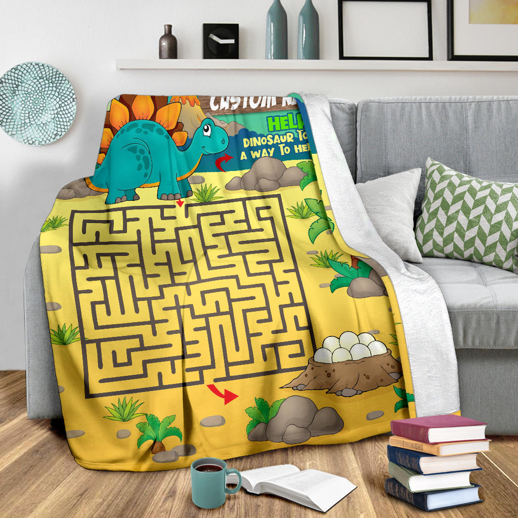 Personalized Name, Educational, Learning Help Dinosaur to Find a Way to Her Eggs Blanket for Kids, Boys & Girls Maze Blanket
