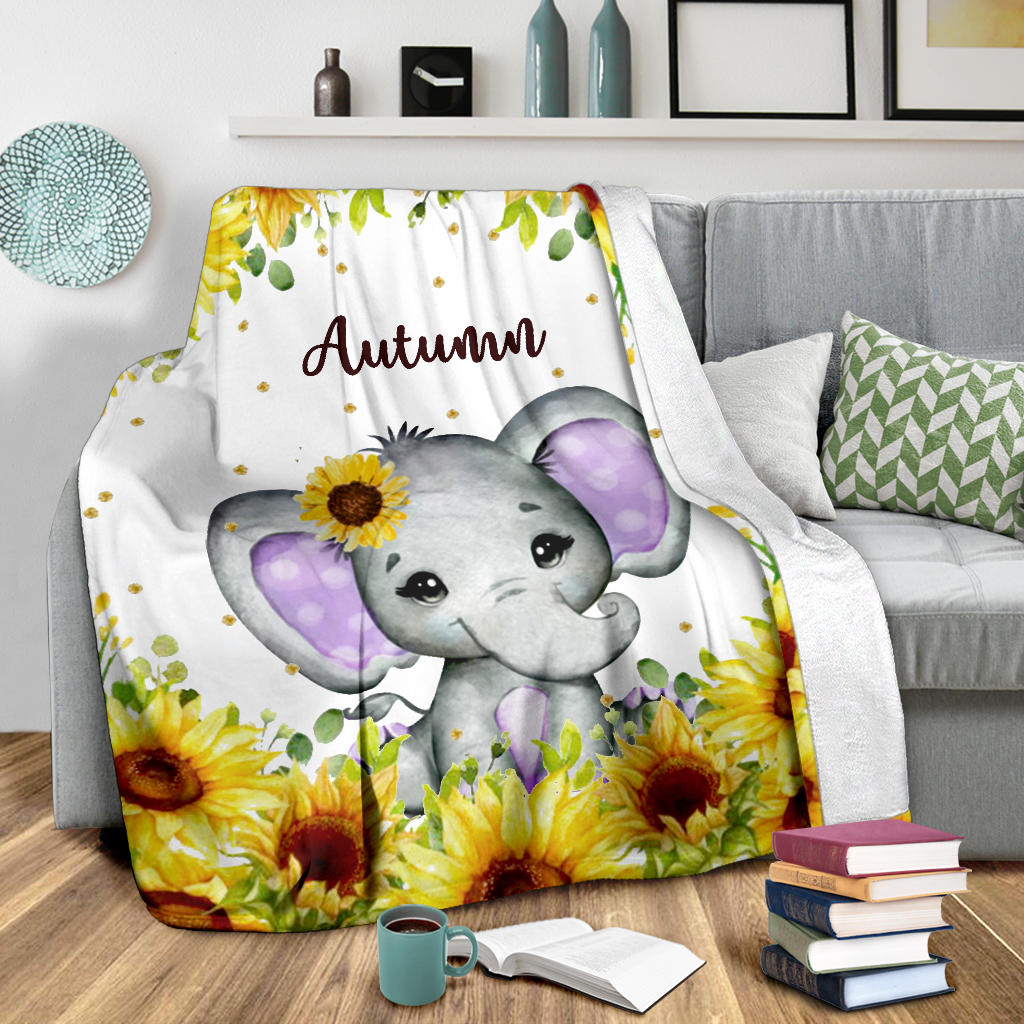 Personalized Name Cute Elephant with Sunflowers Blanket for Girls