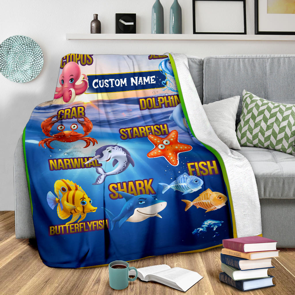 Personalized Name Sea Animals Blanket for Kids, Educational, Learning Custom Name Blanket for Boys & Girls