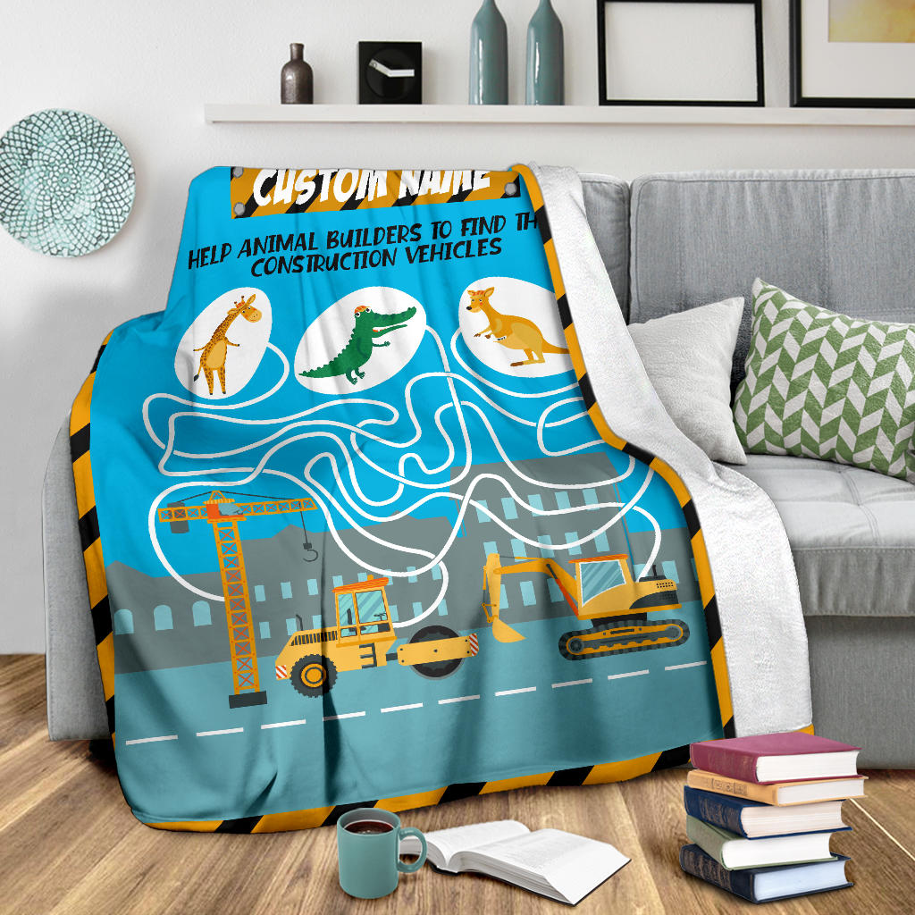 Personalized Name, Educational, Learning Help Animal Builders to Find Their Construction Vehicles Blanket for Kids, Maze Blanket for Boys & Girls