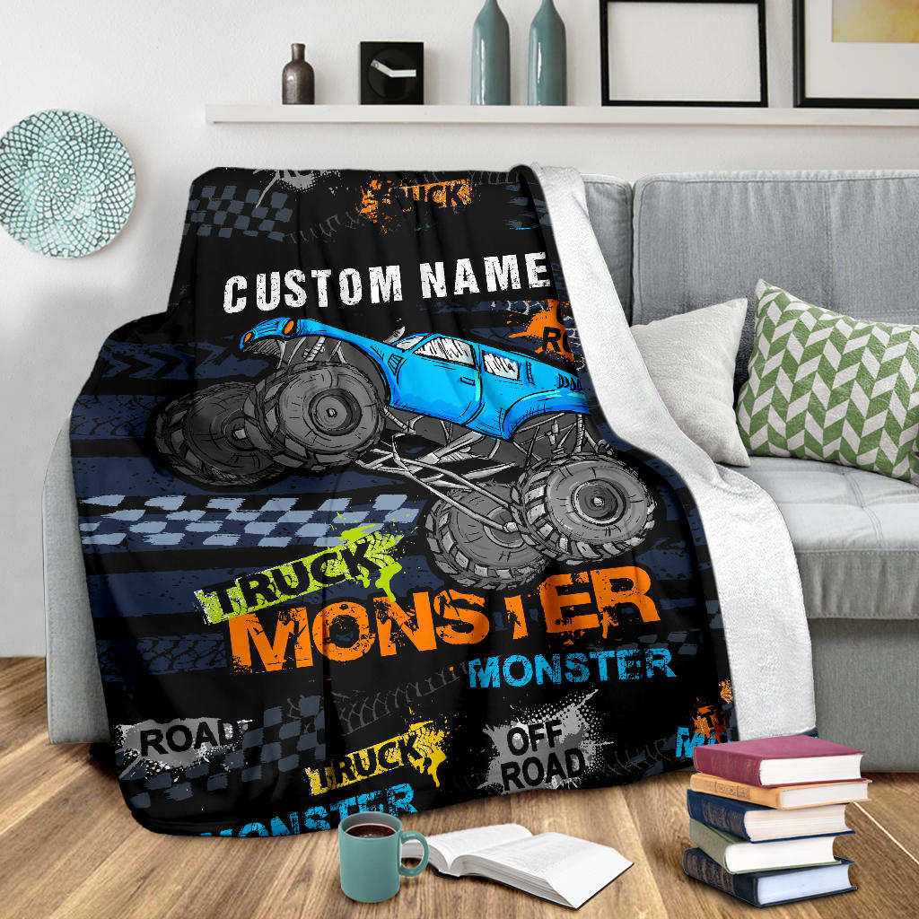 Personalized Name Blue Monster Truck Blanket for Boys & Girls