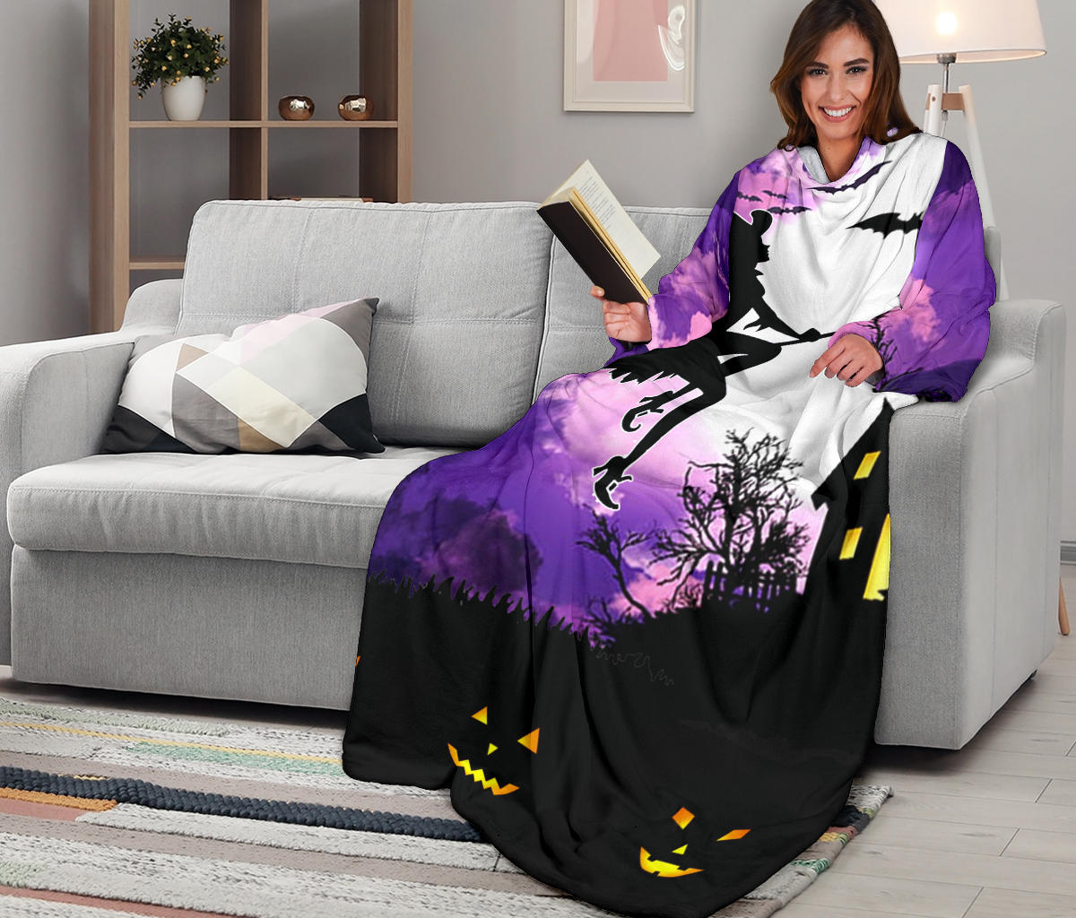 Witch on a Broom Halloween Sleeve Blanket