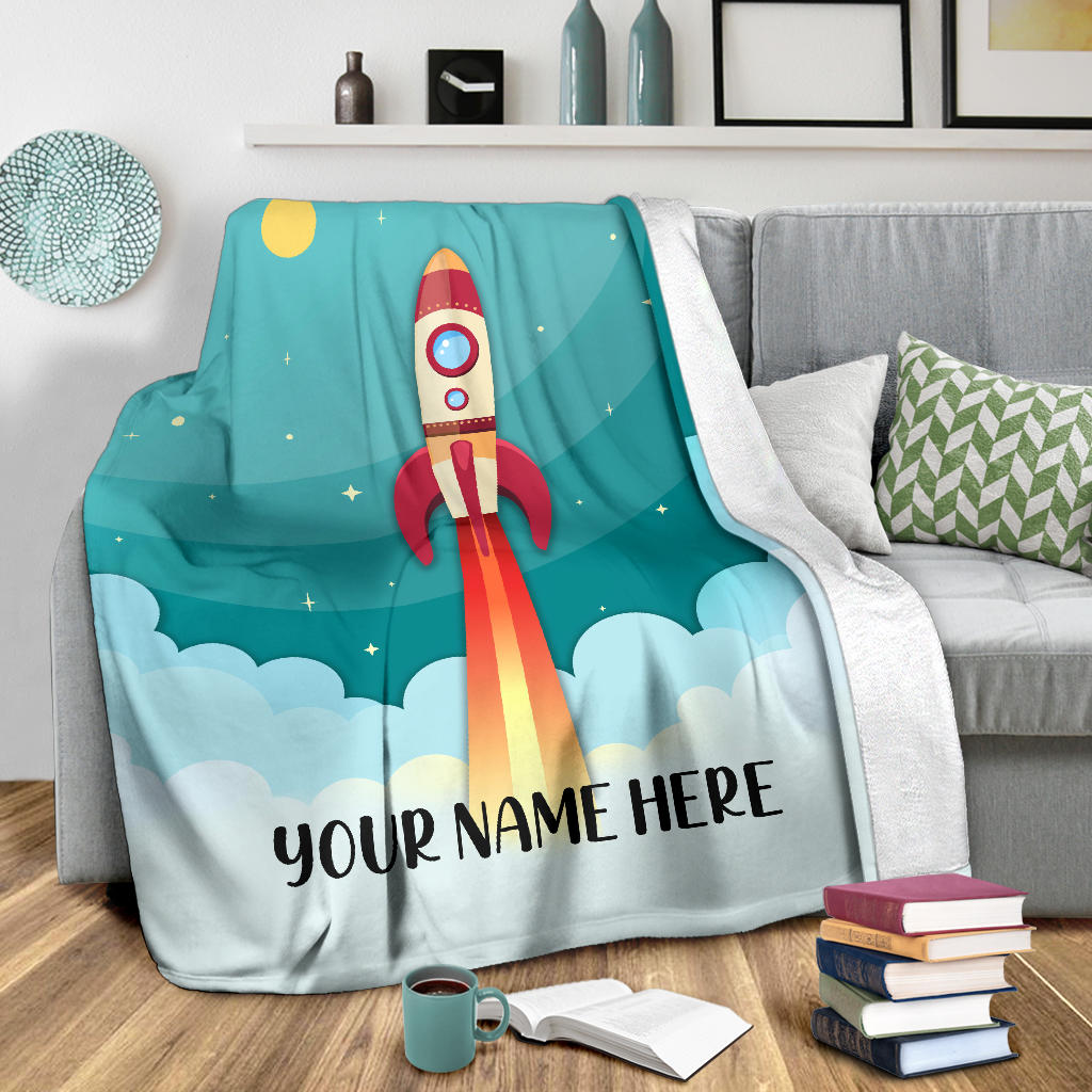 Personalized Name Kids Rocket Launch Space Theme Blanket for Boys and Girls