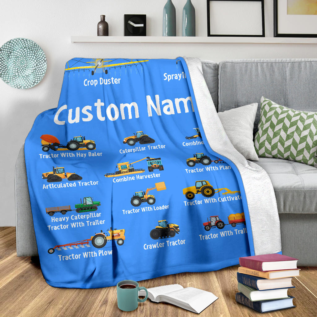 Personalized Name Tractor Blanket for Kids, Custom Name Farming Machinery Blanket for Boys & Girls