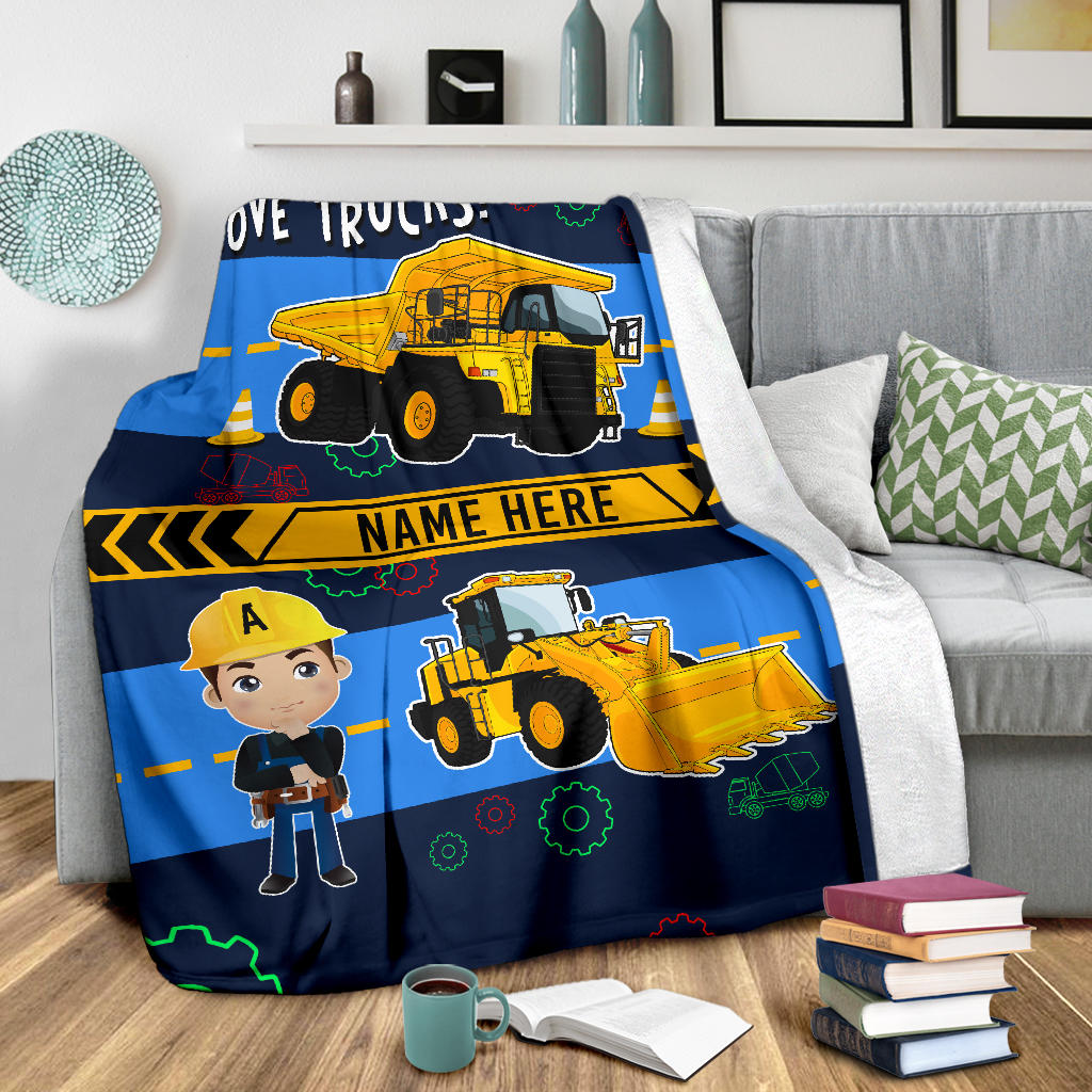 Personalized Name I Love Trucks Blanket for Boys & Girls with Character Personalization