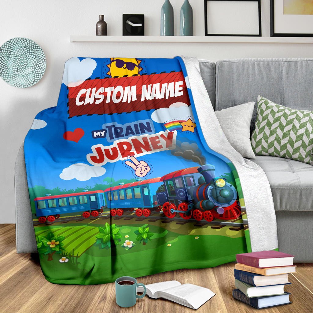 Personalized Name Train in Mountains Blanket for Kids