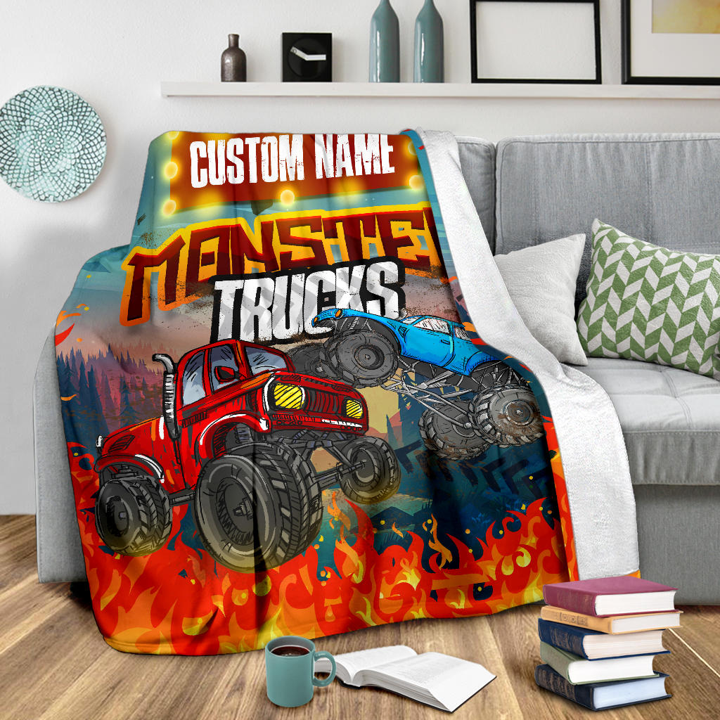 Personalized Name Monster Truck Blanket for Boys & Girls, Childrens Blanket