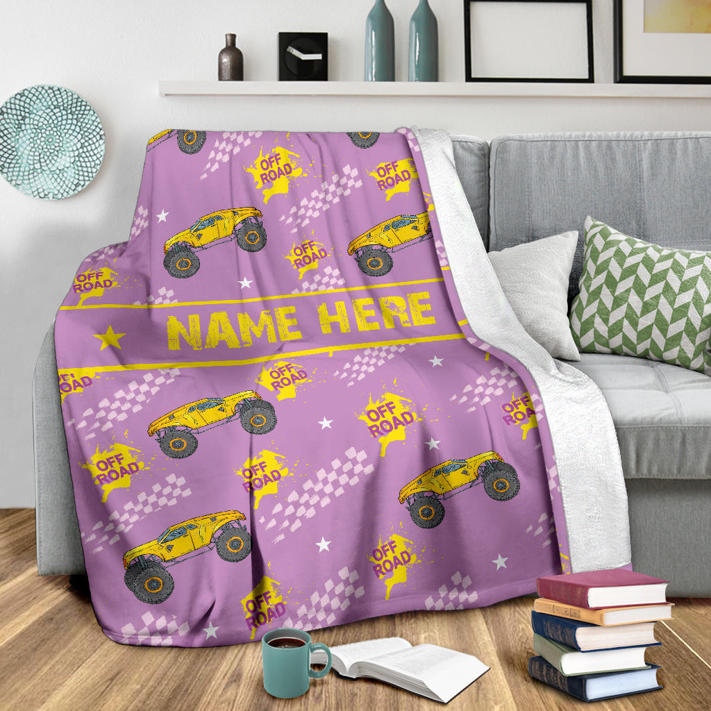Personalized Name Monster Truck Pink Blanket for Girls, Boys & Adults