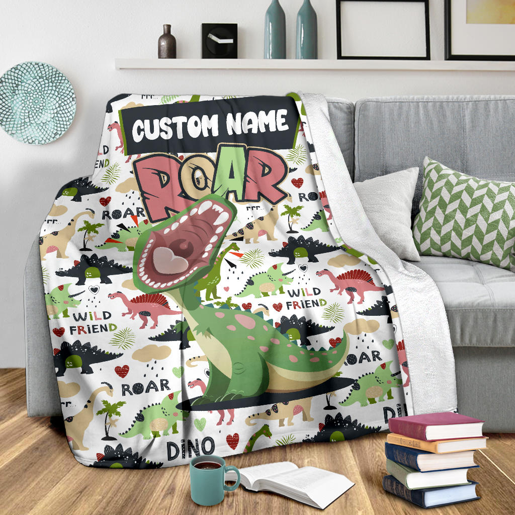 Personalized Name Dino Roar Dinosaur Blanket for Boys & Girls