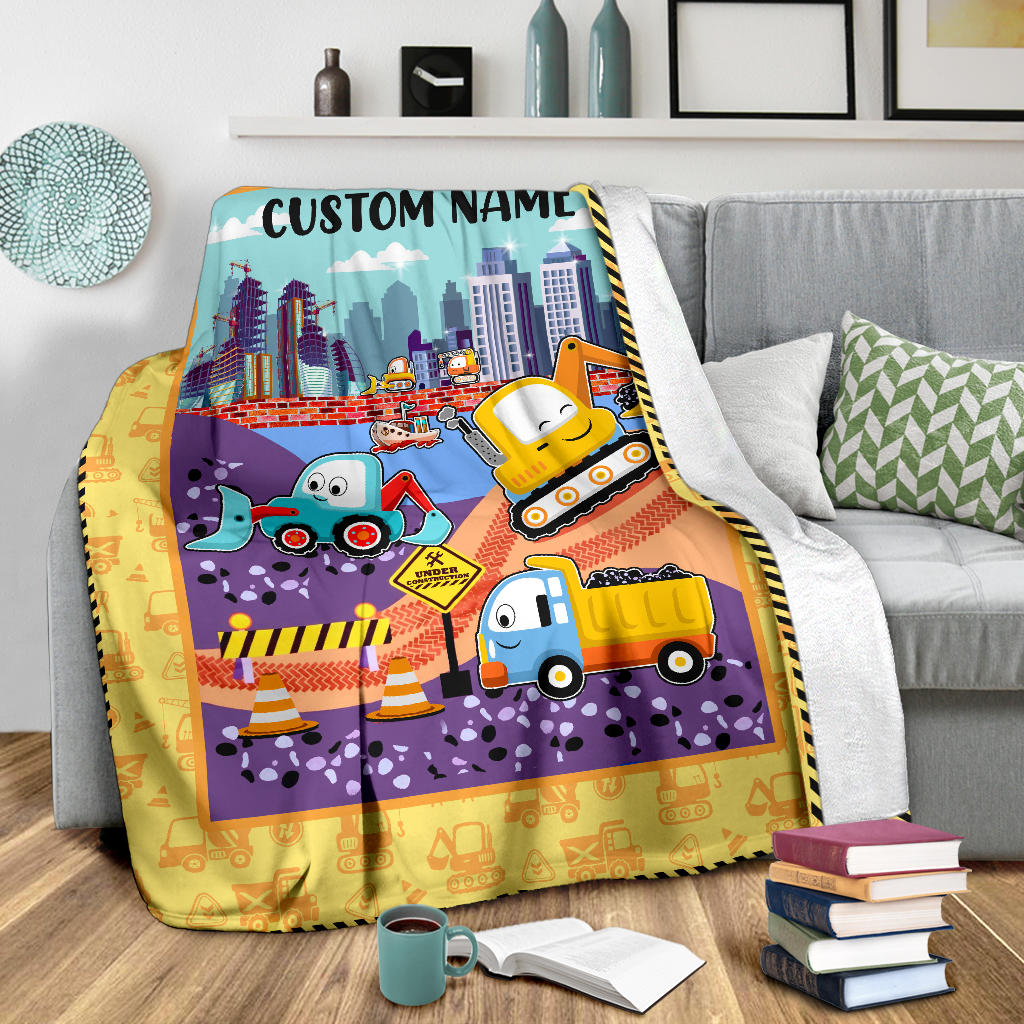 Personalized Name Under Construction Site Blanket for Kids, Custom Name Blanket for Boy & Girls