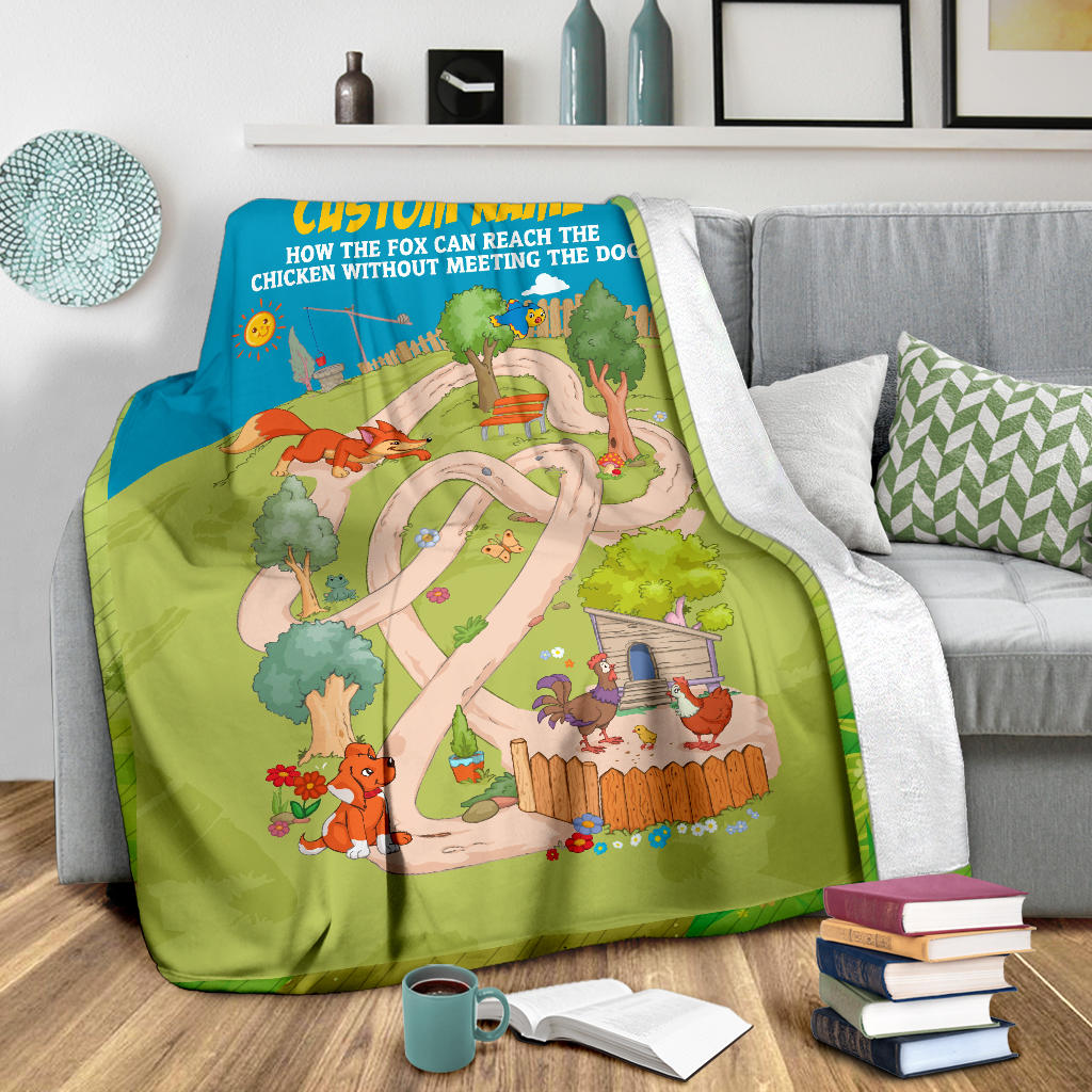 Personalized Name, Educational, Learning, How the Fox Can Reach the Chicken Without Meeting the Dog Blanket for Kids