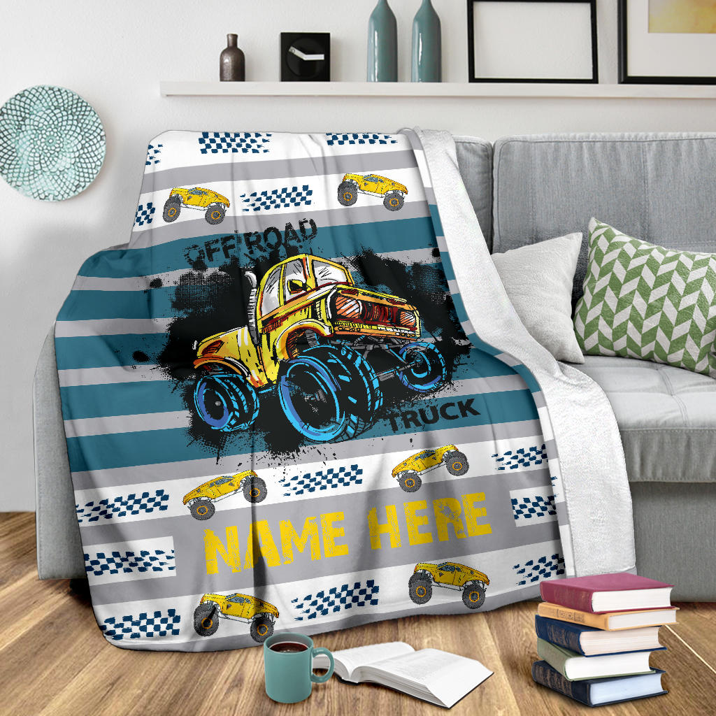 Personalized Name Monster Truck Blanket with Blue Stripes for Boys, Girls & Adults