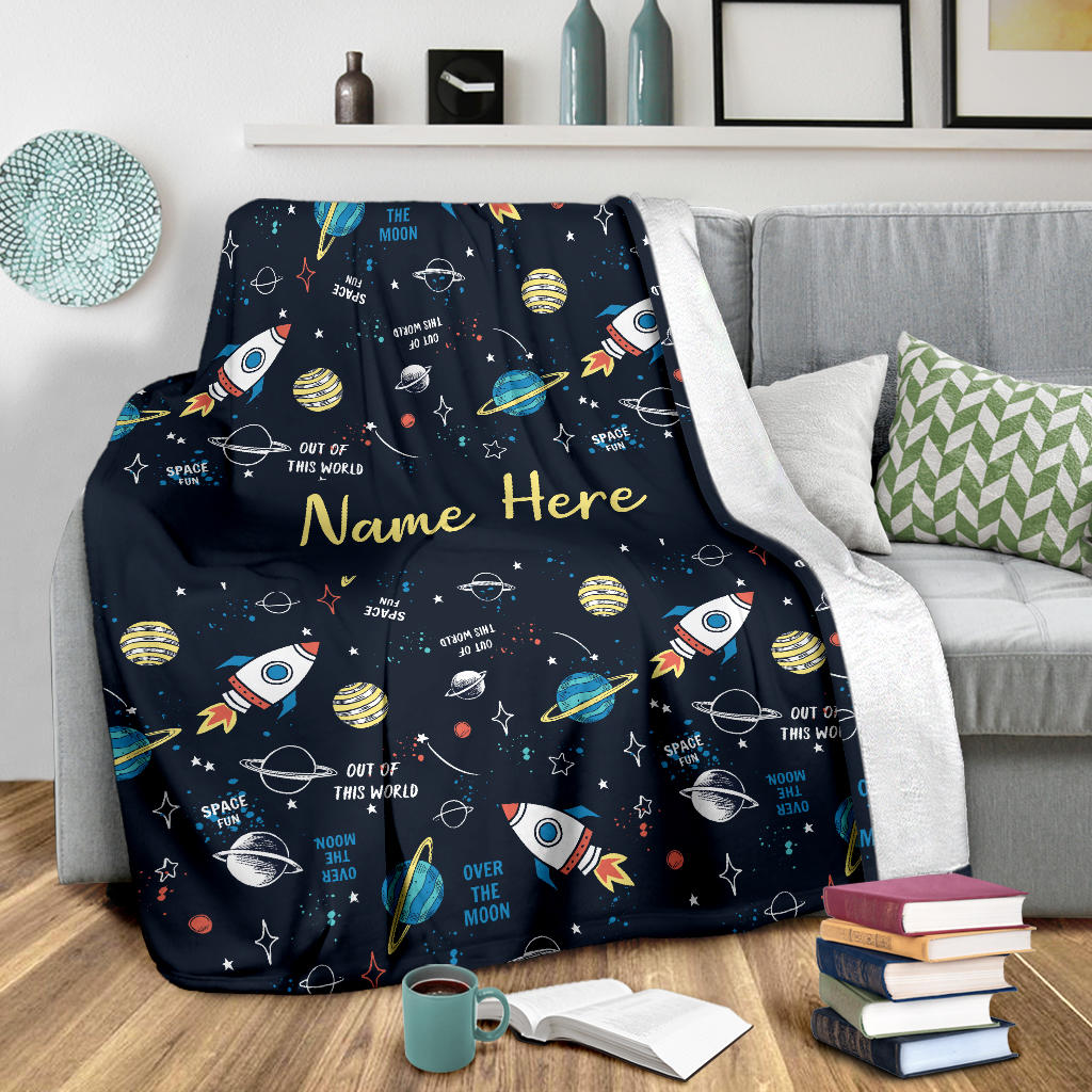 Personalized Name Space Blanket with Rockets & Planets for Boys & Girls