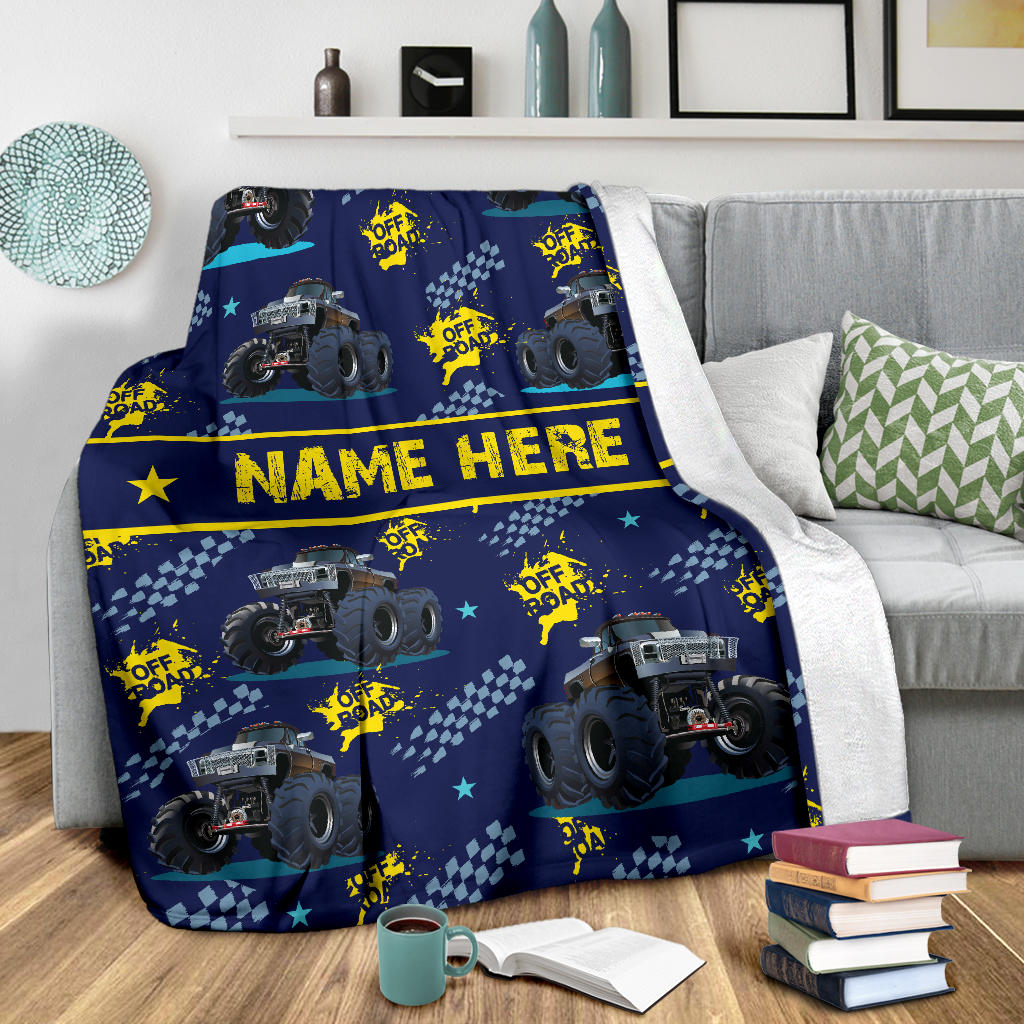 Personalized Name Monster Truck Blanket for Boys, Girls & Adults