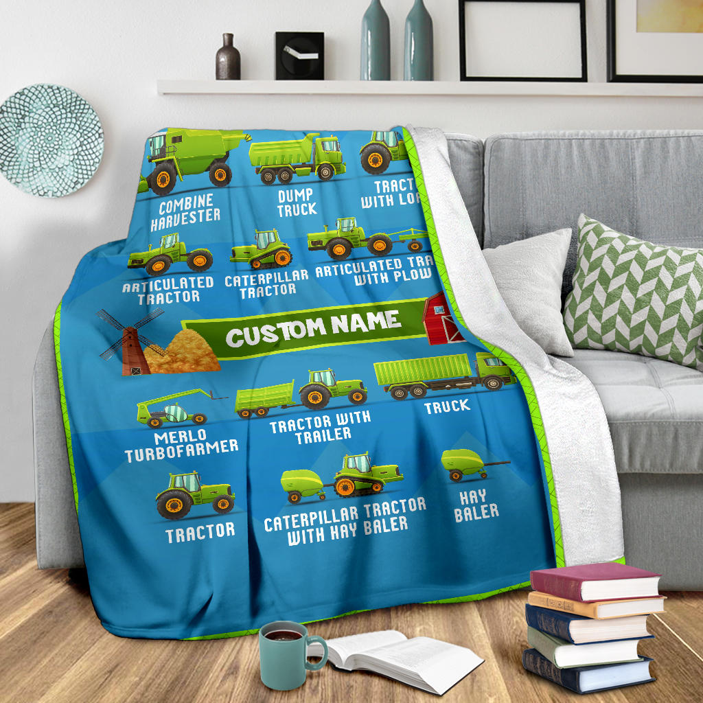 Personalized Name, Farm, Agricultural Machinery, Tractor Blanket for Kids, Boys & Girls Custom Name Blanket