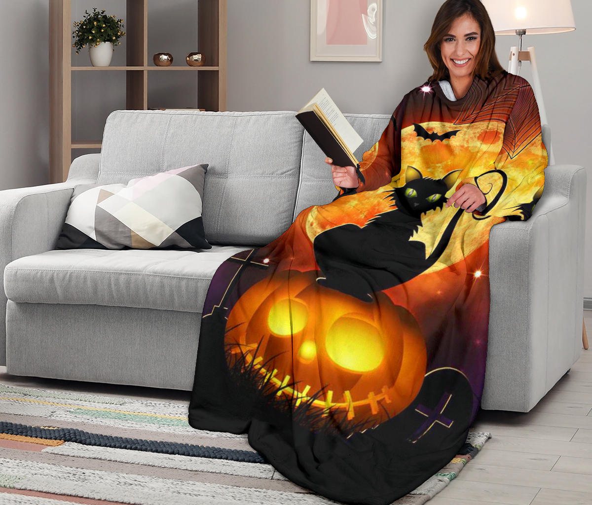 Black Cat & Pumpkin Halloween Sleeve Blanket