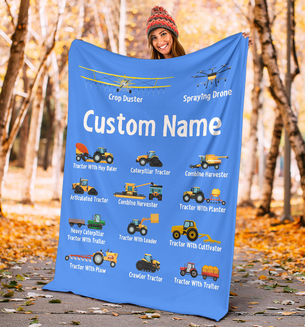 Personalized Name Tractor Blanket for Kids, Custom Name Farming Machinery Blanket for Boys & Girls