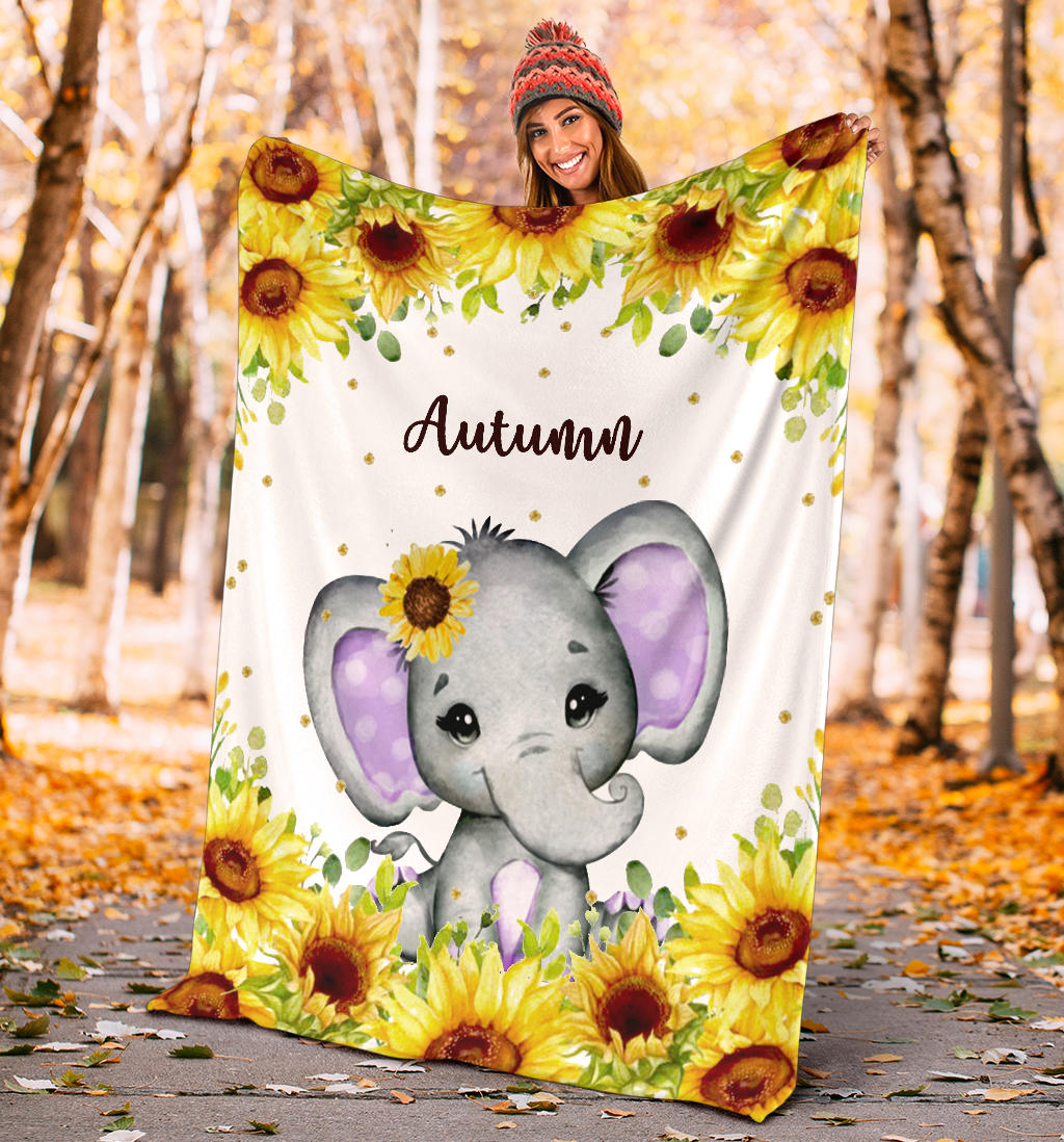 Personalized Name Cute Elephant with Sunflowers Blanket for Girls