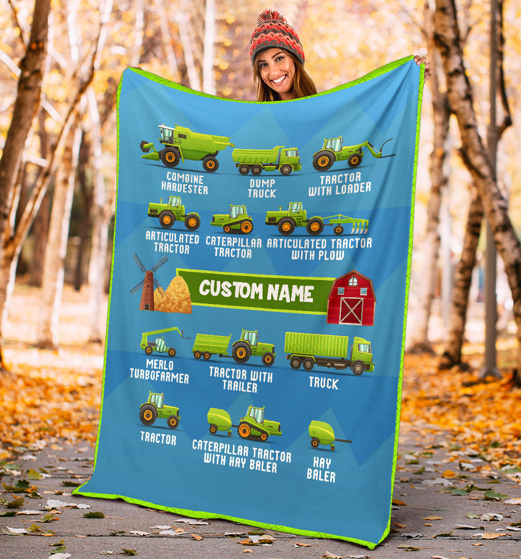 Personalized Name, Farm, Agricultural Machinery, Tractor Blanket for Kids, Boys & Girls Custom Name Blanket