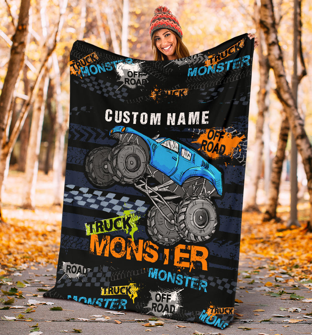 Personalized Name Blue Monster Truck Blanket for Boys & Girls