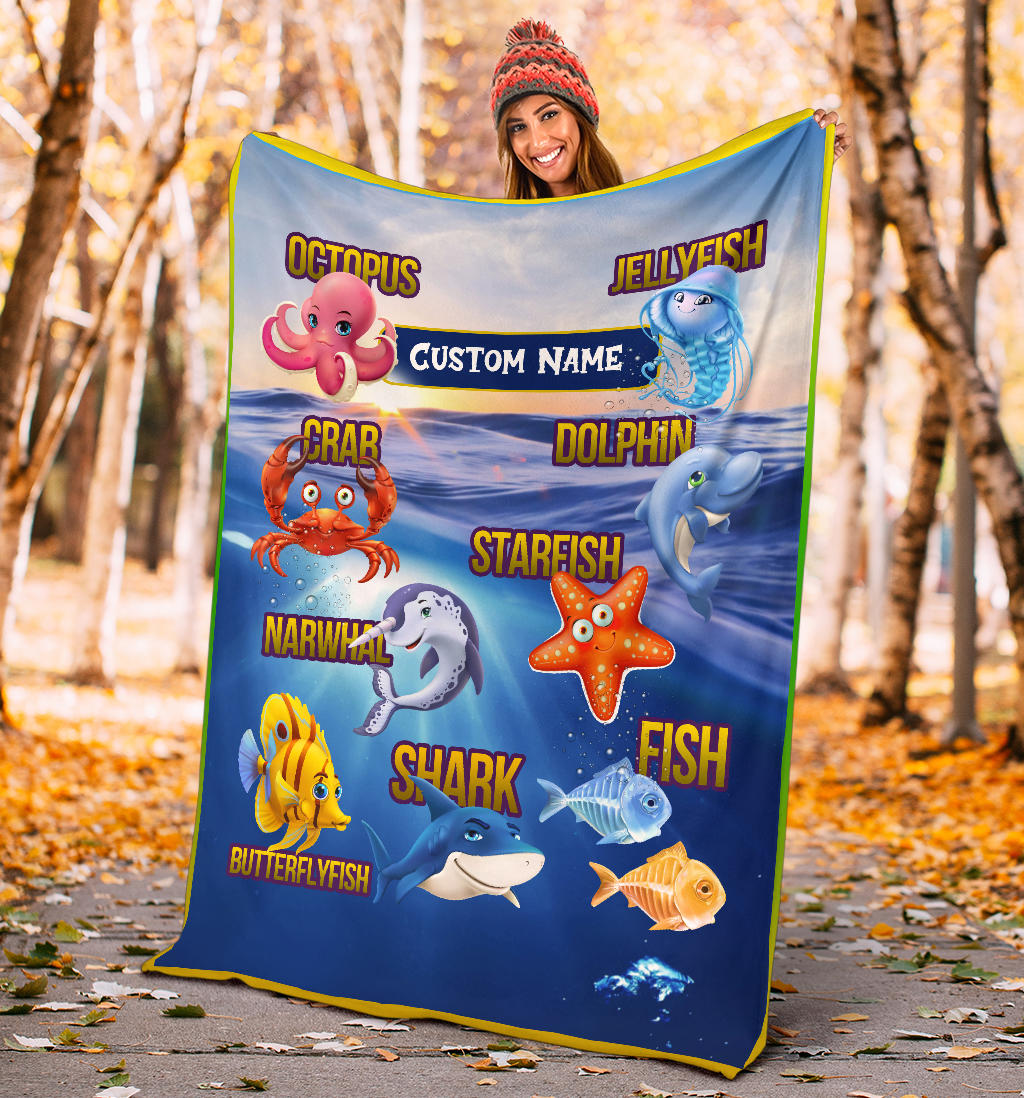 Personalized Name Sea Animals Blanket for Kids, Educational, Learning Custom Name Blanket for Boys & Girls